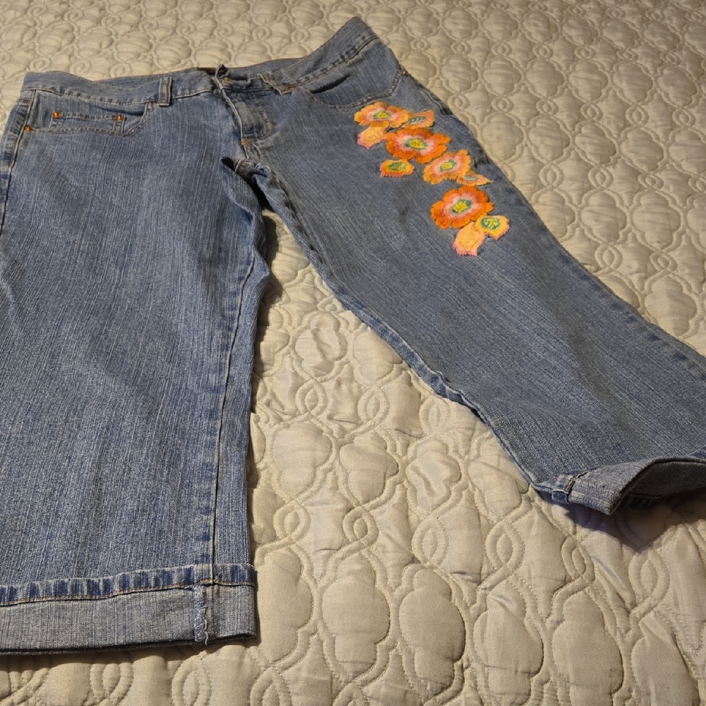 Embroidered Blue Cropped Cuffed Hem Jeans New York & Company